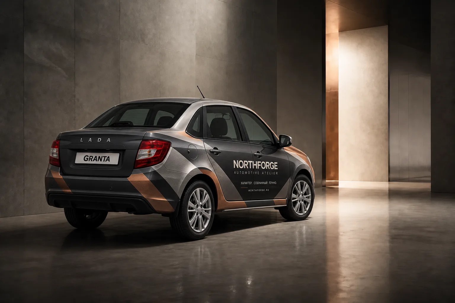 Тюнингованная Lada Granta в архитектурном пространстве Northforge